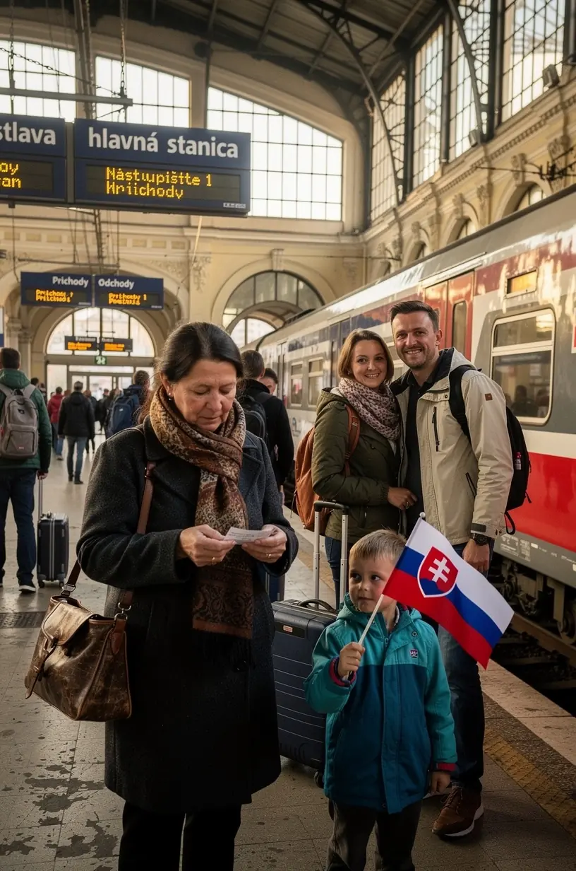 Informačná tabuľa s rozpisom vlakových spojení a časov odchodov na slovenskej stanici