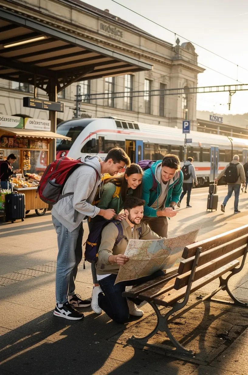 Mapa železničných tratí na Slovensku s vyznačenými turistickými destináciami a prestupnými stanicami